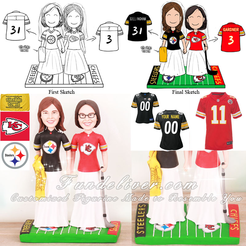 Lesbian Themed Steelers and Chiefs Football Wedding Cake Toppers